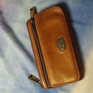 Fossil Brown/Tan Leather Flap Wallet Clutch 7"